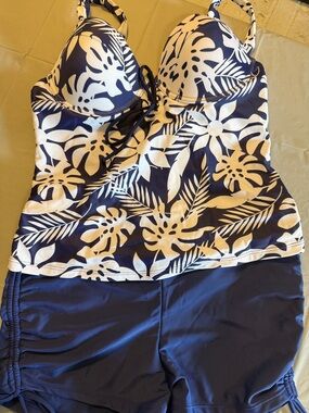 Navy and White Floral Tankini Swim Set